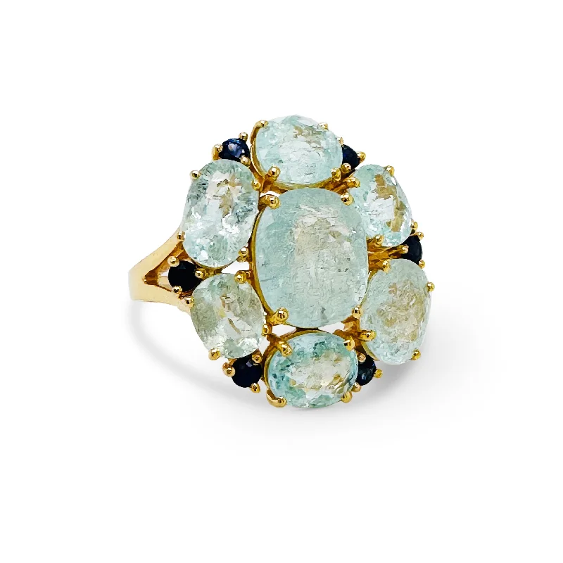 Ladies gemstone rings-Paraiba Tourmaline Rectangle & Blue Sapphire Round Ring In 18K Yellow Gold