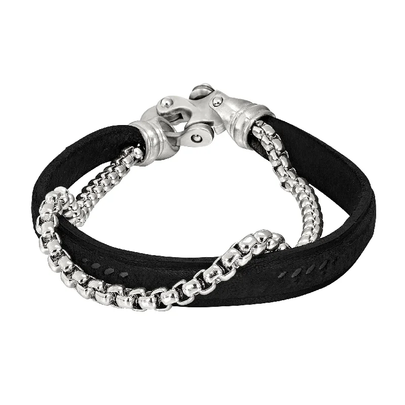 Ladies expandable bracelets-Men's Leather Cord Bracelet with Box Link Chain