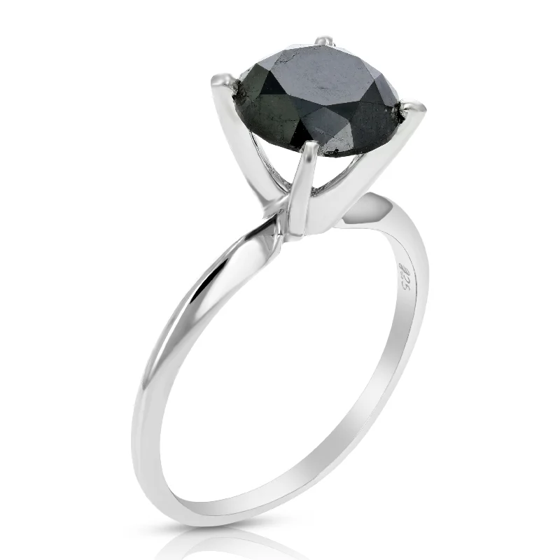 Ladies round cut engagement rings-2 cttw Black Diamond Solitaire Engagement Ring .925 Sterling Silver with Rhodium