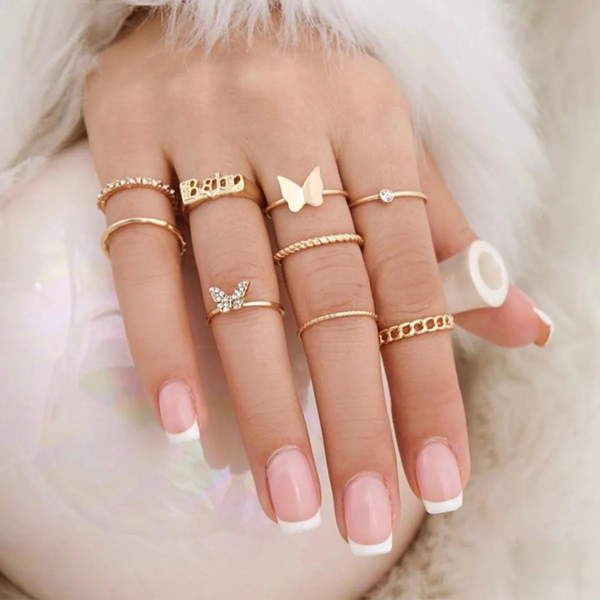 Ladies hammered rings-Retro Letter Stripe Butterfly Alloy Inlay Rhinestones Women'S Rings 1 Set