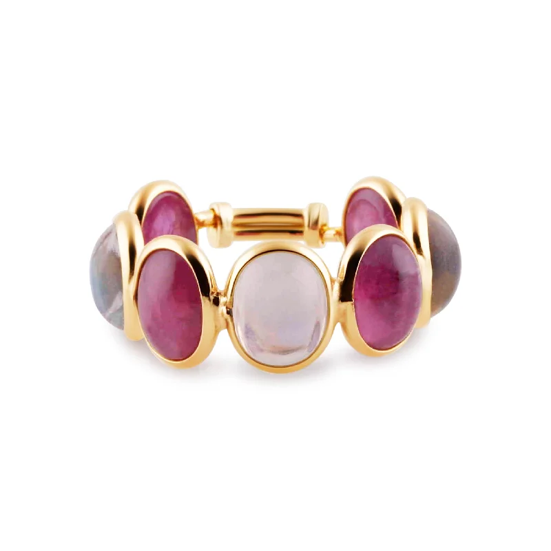 Ladies silver promise rings-Rainbow Moonstone And Ruby Oval Ring In 18K Yellow Gold