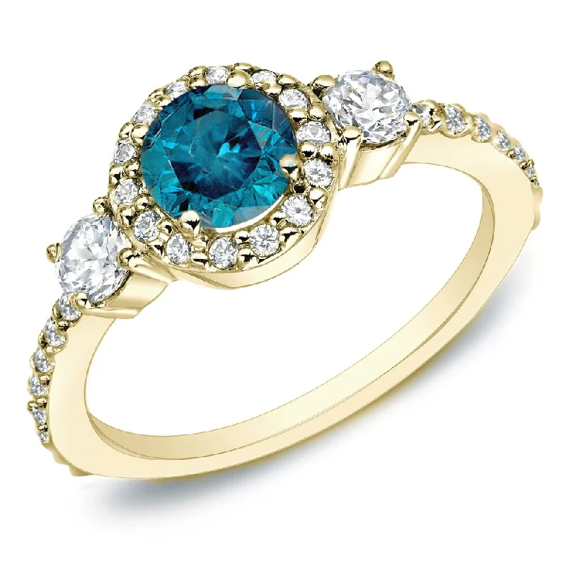 Ladies platinum engagement rings-Auriya 1 1/4ctw 3-Stone Halo Blue Diamond Engagement Ring 14k Gold