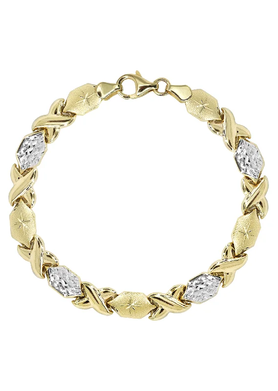 Ladies minimalist bracelets-YELLOW GOLD "XO" HOLLOW DIAMOND CUT TWO TONE BRACELET FOR WOMEN | APPX 5.4 GRAMS